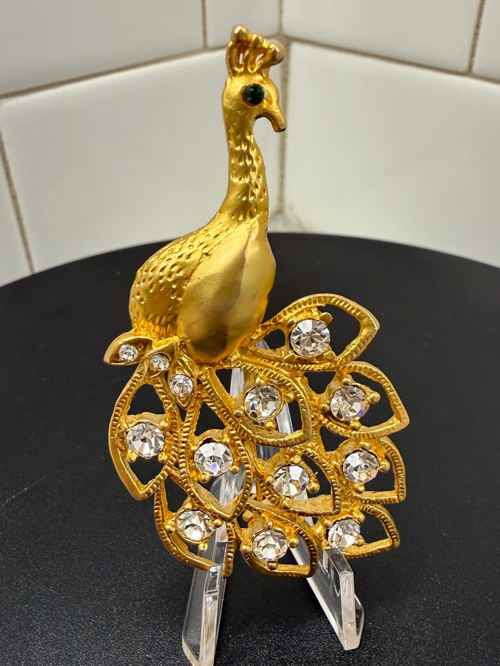 Gold Peacock Brooch with Clear Crystal Accents